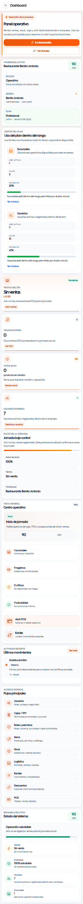KaioPOS en teléfono mostrando módulos POS
